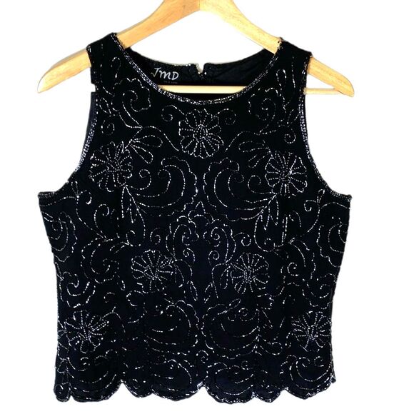 Vintage 90s JMD New York Black Floral Beaded Sleeveless Dressy Top Size L - Picture 2 of 13
